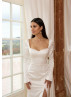 Long Sleeves Ivory Satin Tie Back Slit Modern Wedding Dress